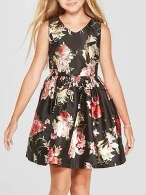 Girls Black Metallic Floral Dress